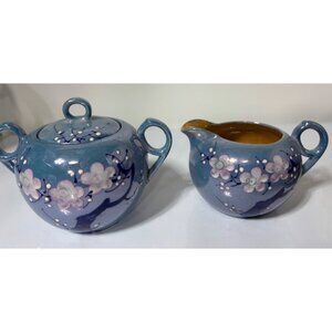 Vtg 30s Blue Ceramic‎ Creamer Sugar Bowl Set Cherry Blossom Lusterware Japan